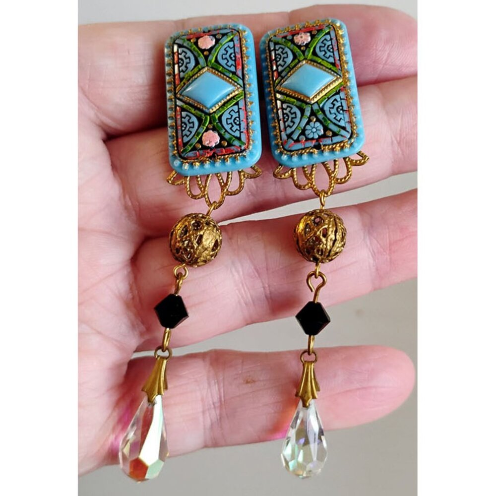 Rare Vtg DONA Signed Dangle Earrings Hand-painted Crystal Boho Ornaments by Dona